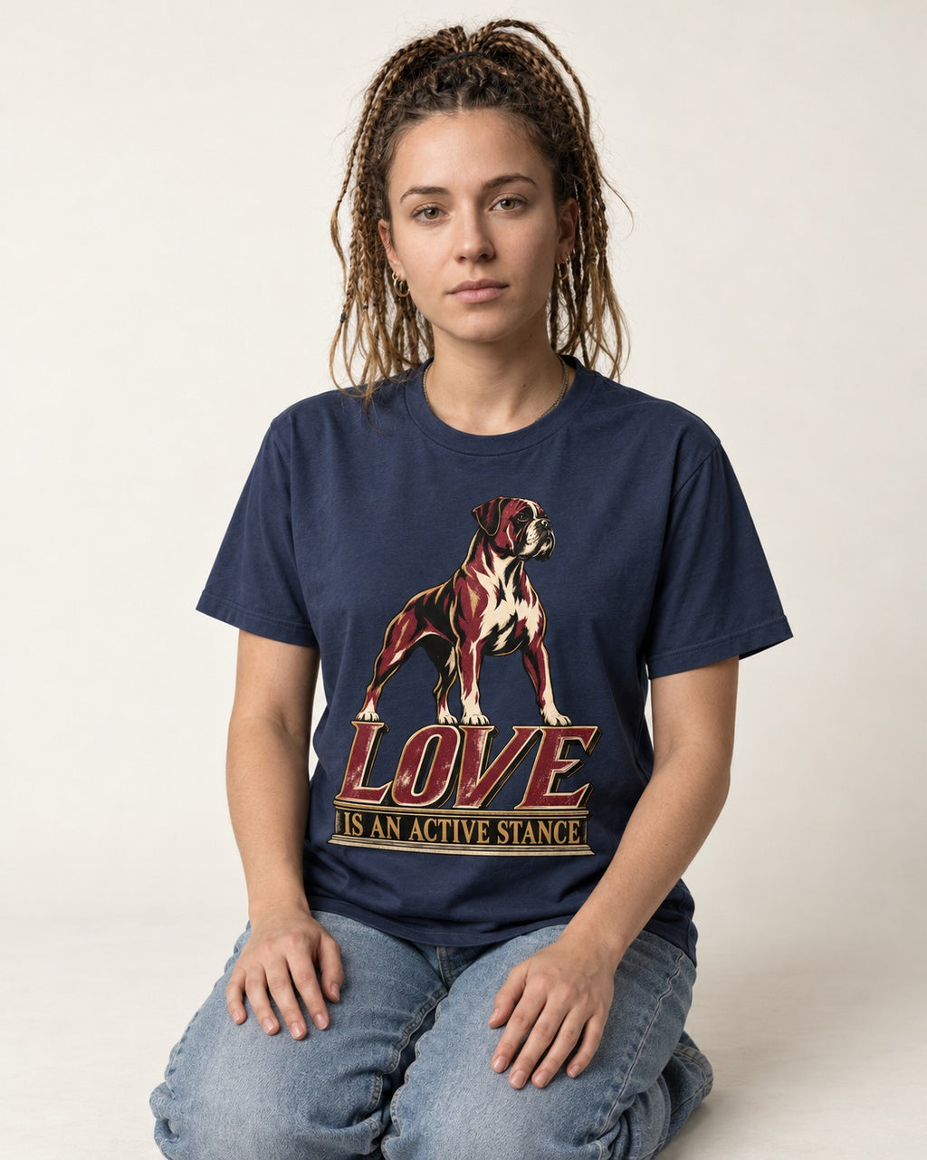 Love Is an Active Stance Boxer Pedestal Graphic T-Shirt in Navy, worn by a seated model