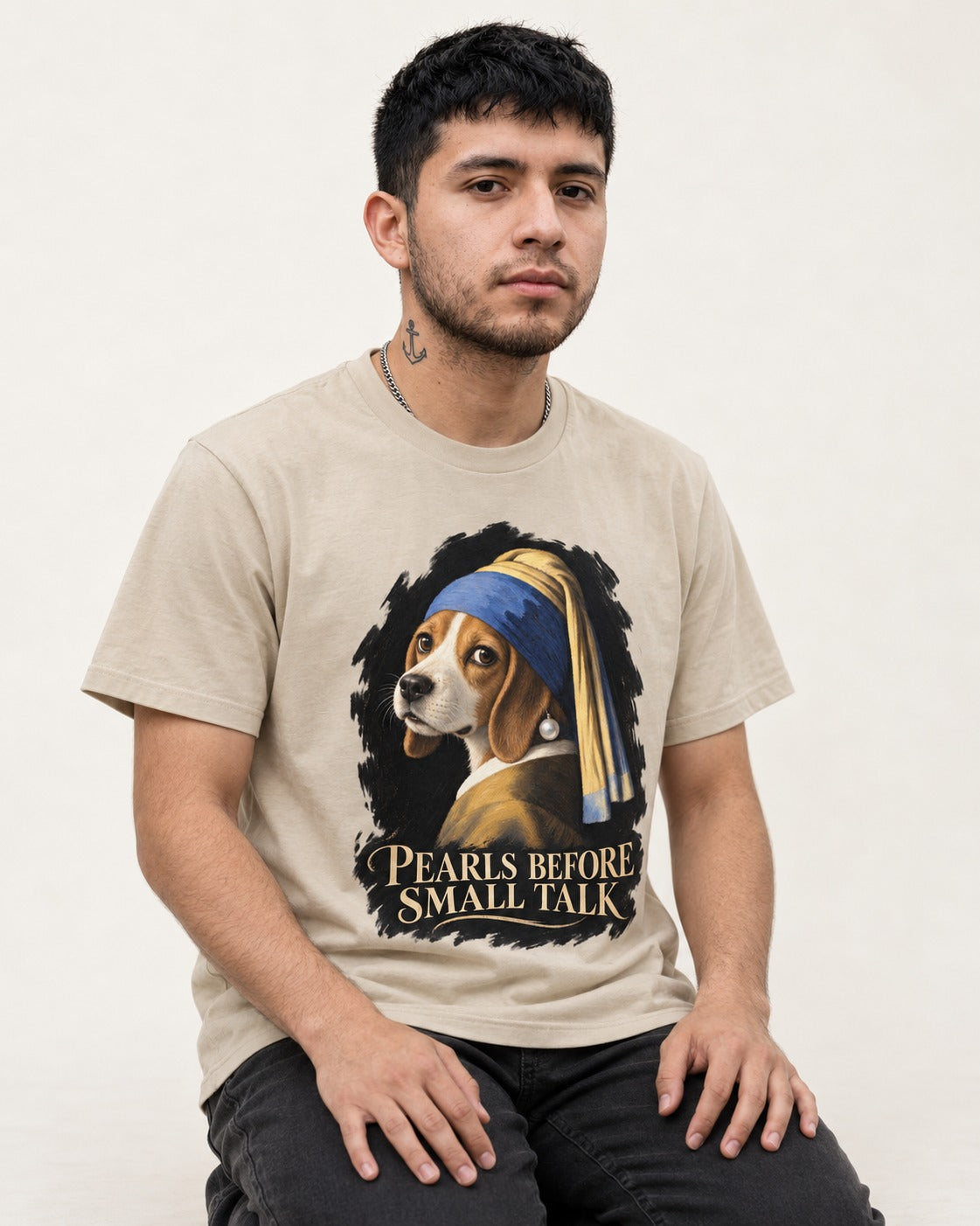 Beagle Paris Before Small Talk T-Shirt in Sand, worn by a seated model