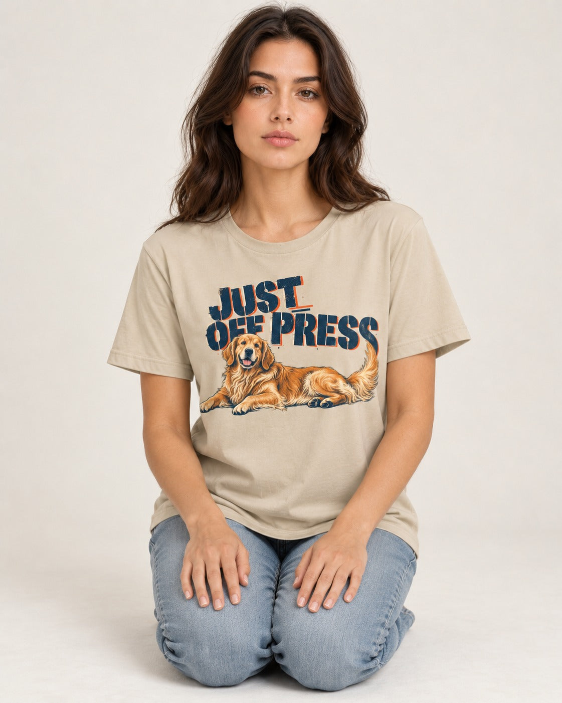 Golden Retriever Just Off Press T-Shirt in Sand, worn by a seated model