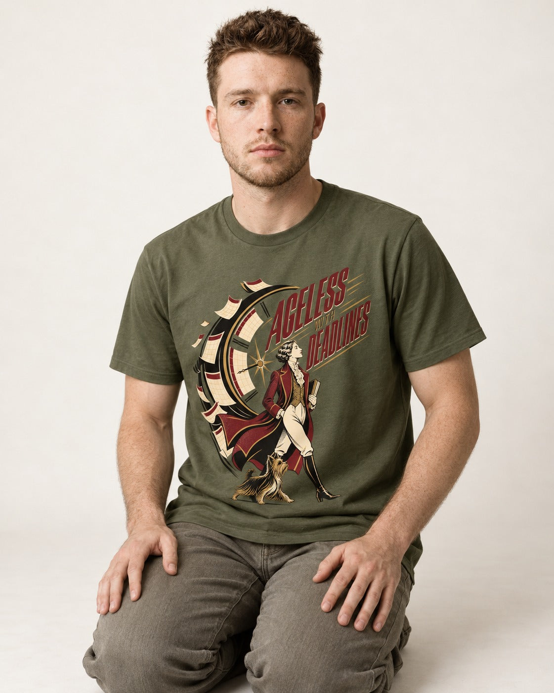 Yorkshire Terrier Ageless with Deadlines Calendar Clock Graphic T-Shirt in Heather Military Green, worn by a seated model