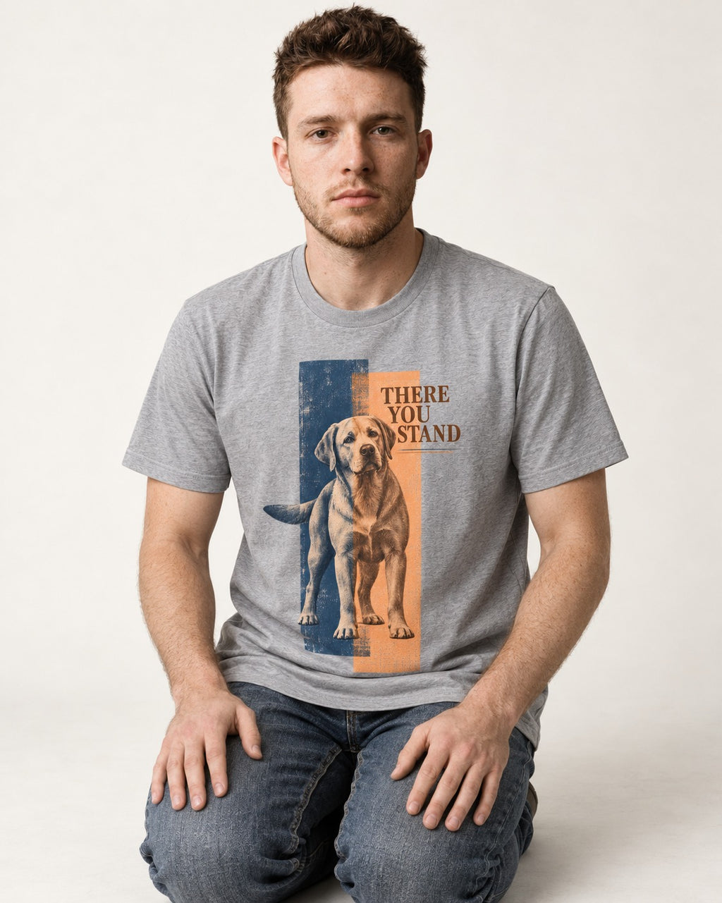 There You Stand Labrador Retriever T-Shirt in Sport Grey, worn by a seated model