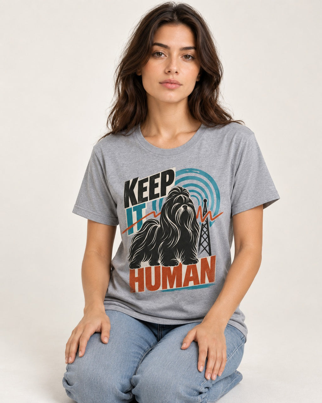 Shih Tzu Keep It Human Radio Signal Graphic T-Shirt in Sport Grey, worn by a seated model