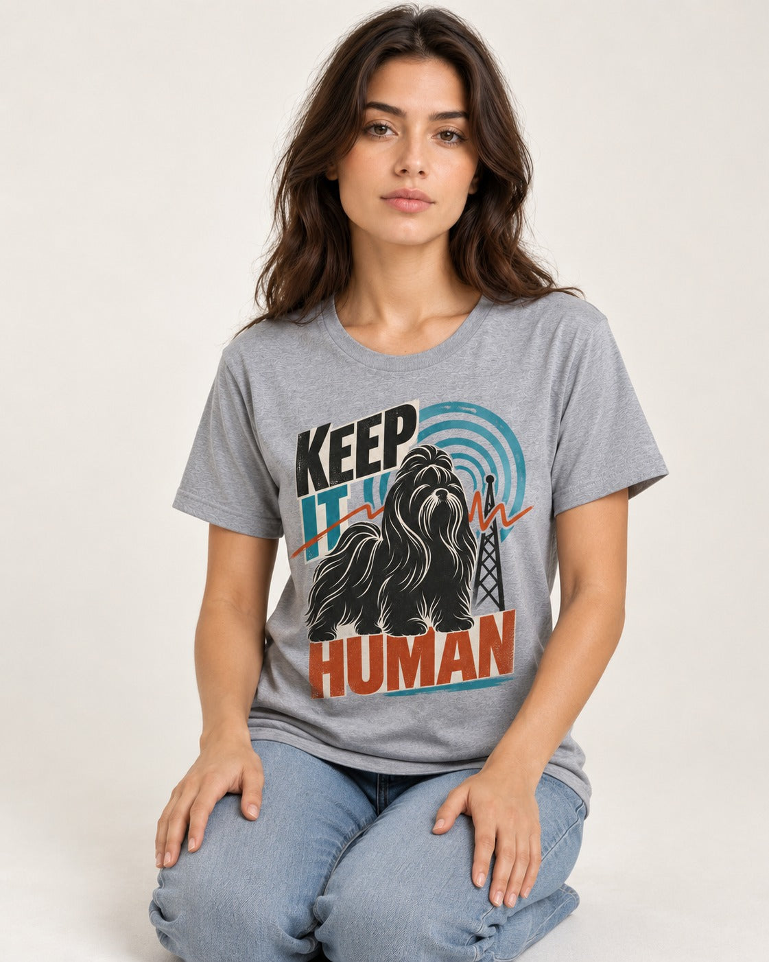 Shih Tzu Keep It Human Radio Signal Graphic T-Shirt in Sport Grey, worn by a seated model