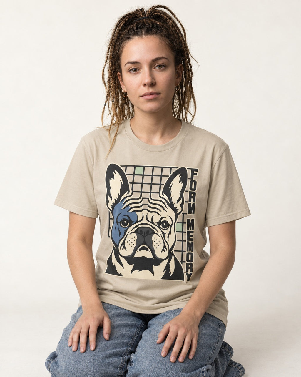 Form Memory Frenchie T-Shirt in Sand, worn by a seated model