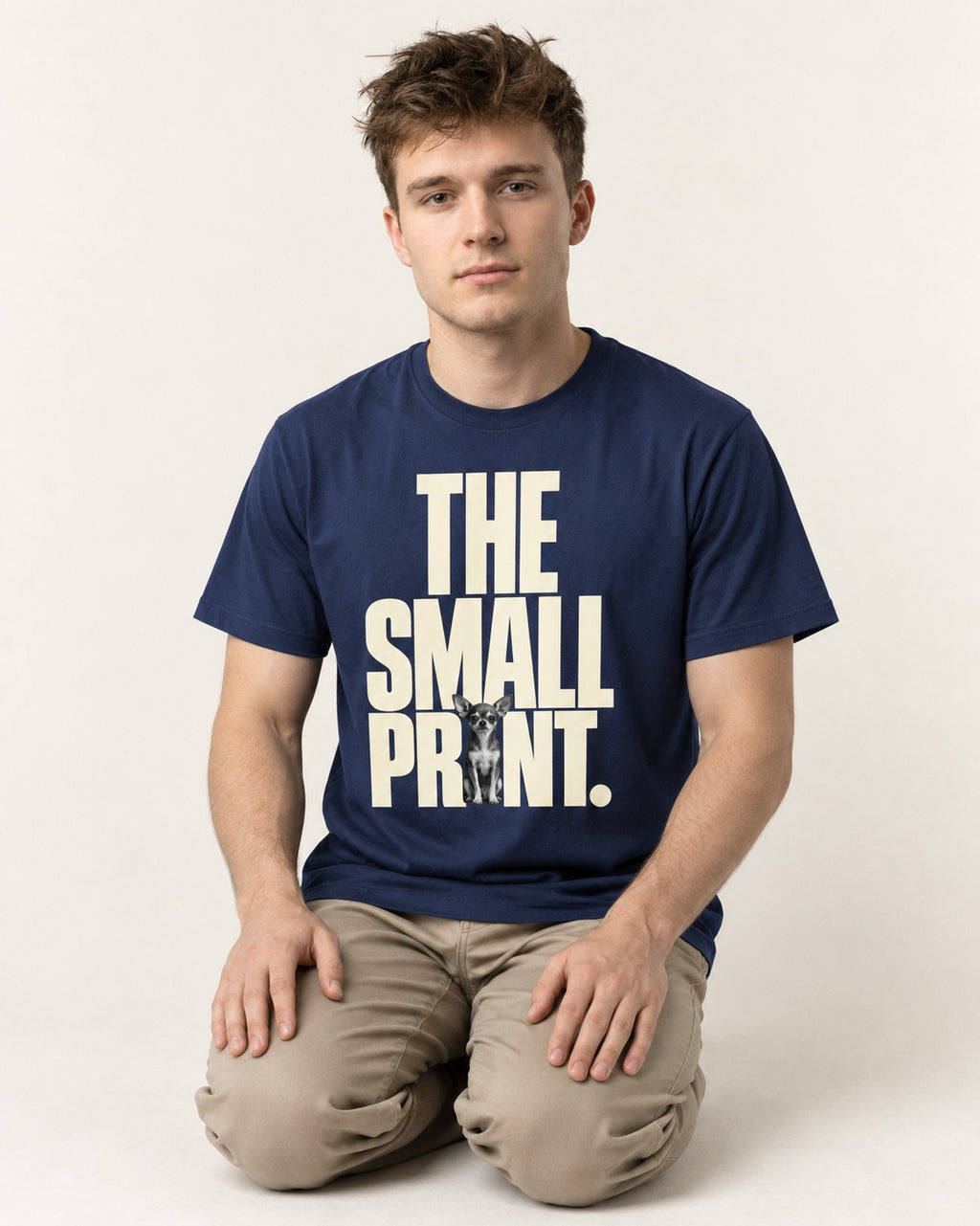 Chihuahua The Small Print Typographic Portrait T-Shirt in Navy, worn by a seated model