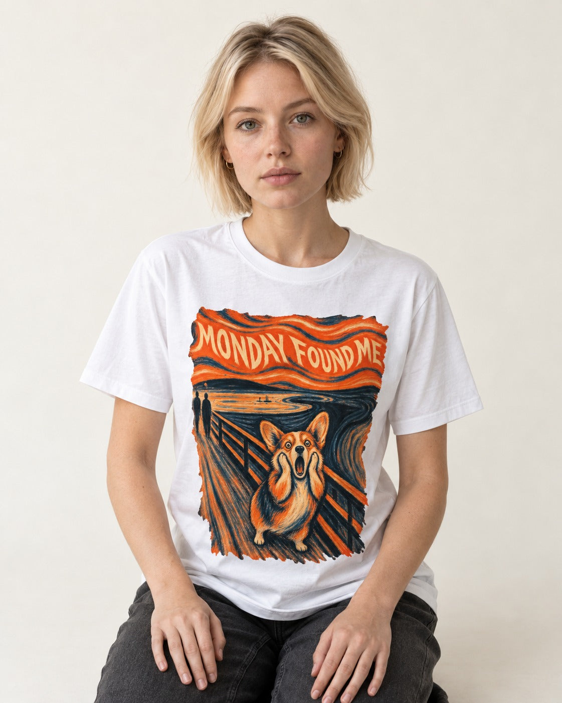 Corgi Monday Found Me Scream Banner T-Shirt in White, worn by a seated model