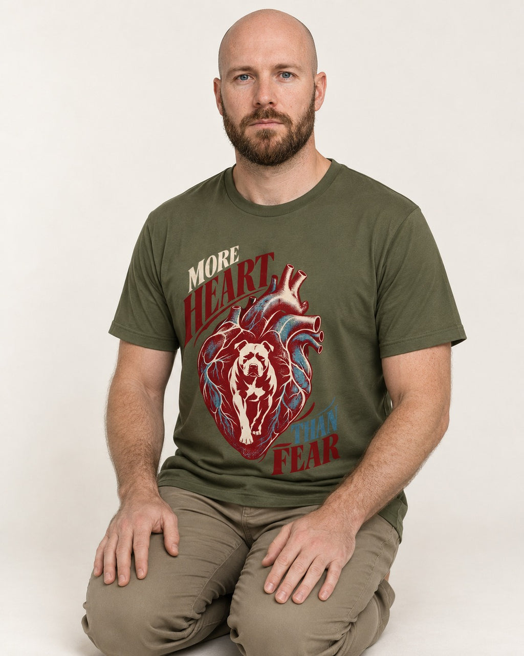 Pitbull More Heart Than Fear Anatomical Heart Graphic T-Shirt in Heather Military Green, worn by a seated model