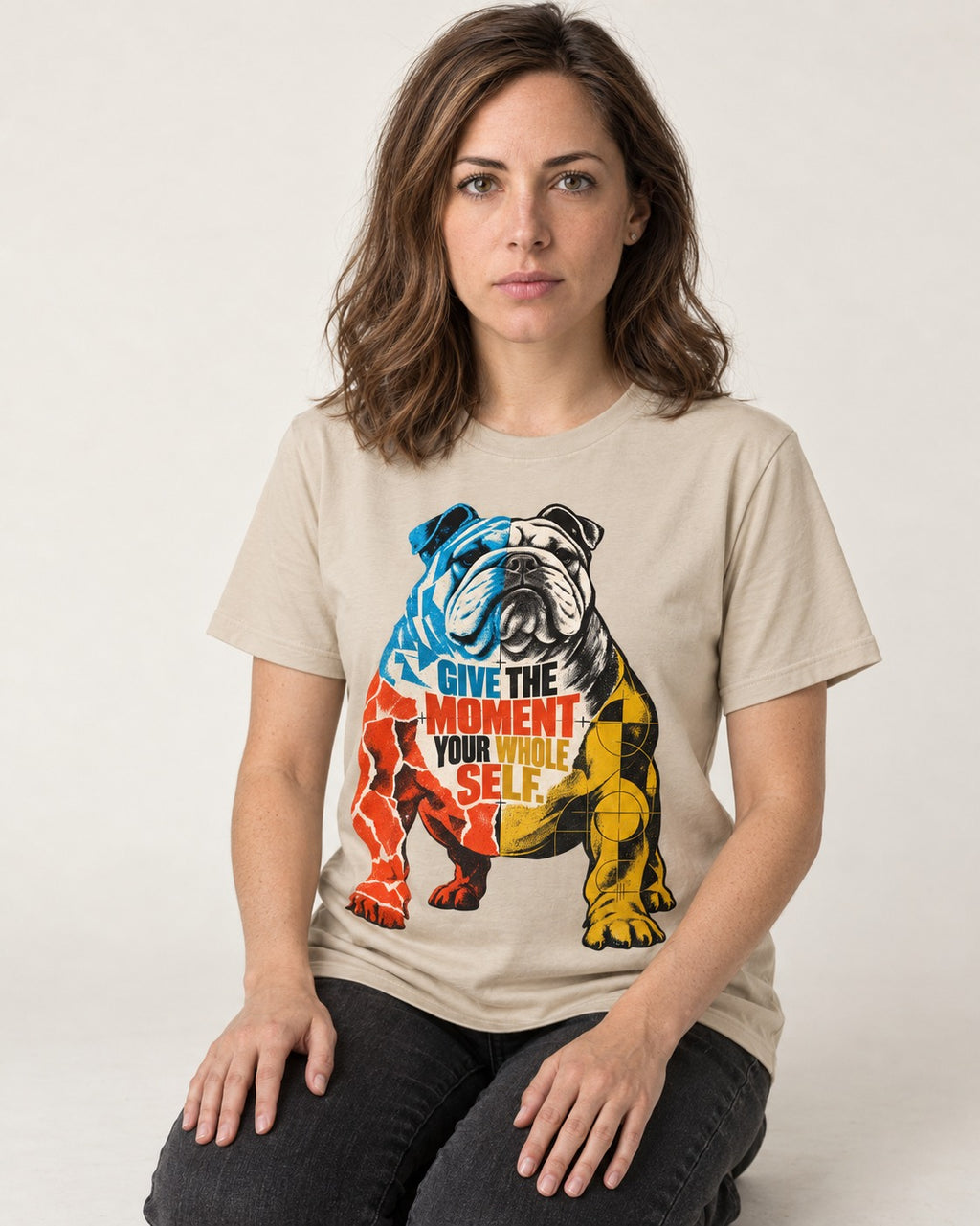 English Bulldog Give Your Whole Self T-Shirt in Sand, worn by a seated model