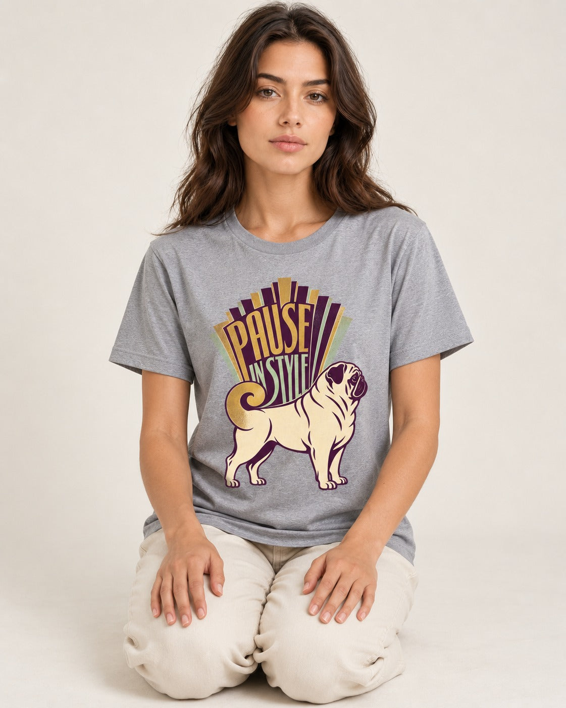 Pug Pause T-Shirt in Sport Grey, worn by a seated model