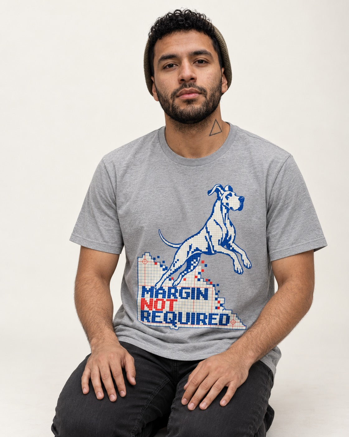 Great Dane Margin Not Required T-Shirt in Sport Grey, worn by a seated model