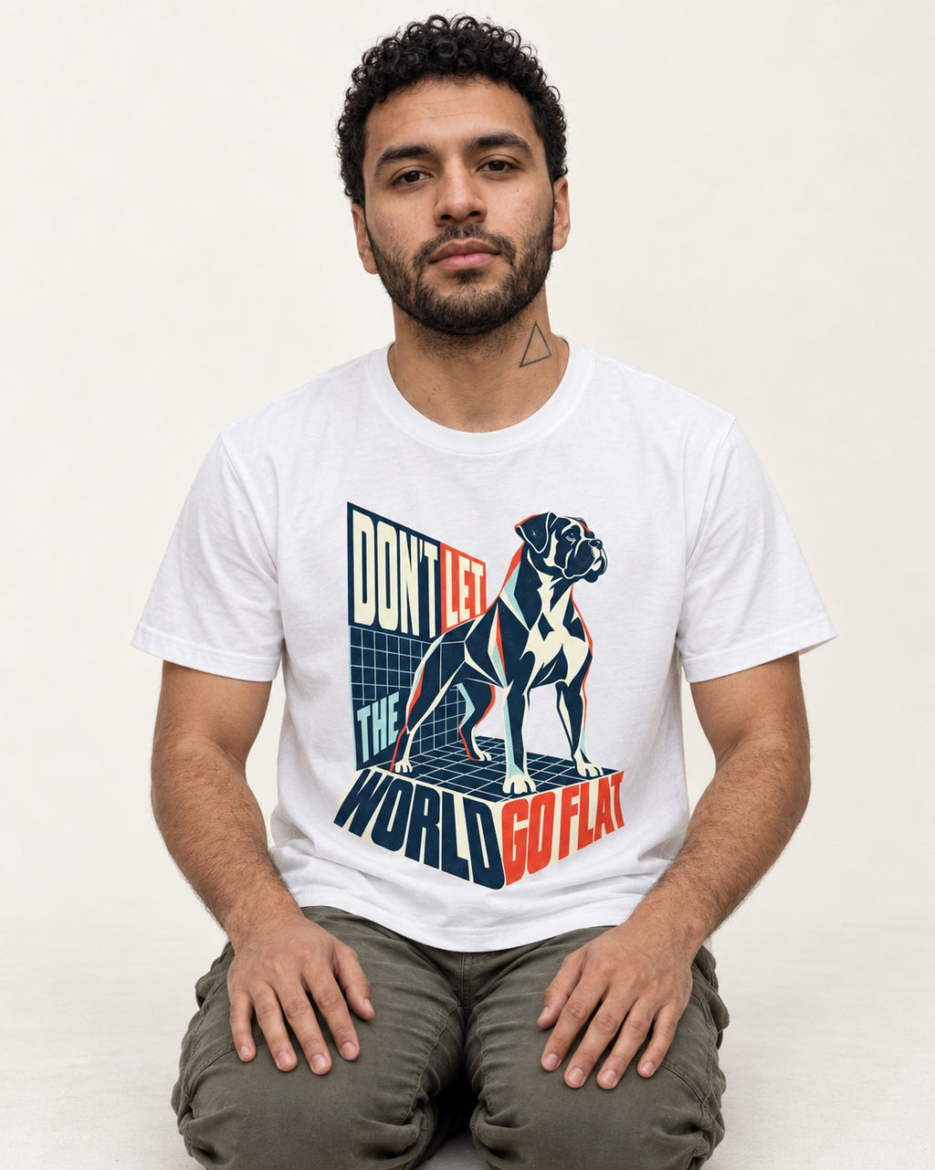 Don't Let the World Go Flat Boxer Perspective Grid Graphic T-Shirt in White, worn by a seated model