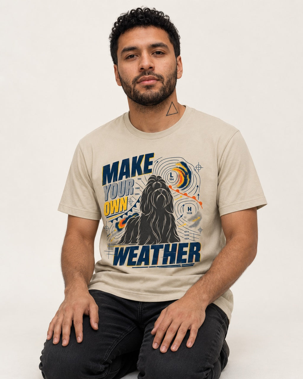 Shih Tzu Make Your Own Weather T-Shirt in Sand, worn by a seated model