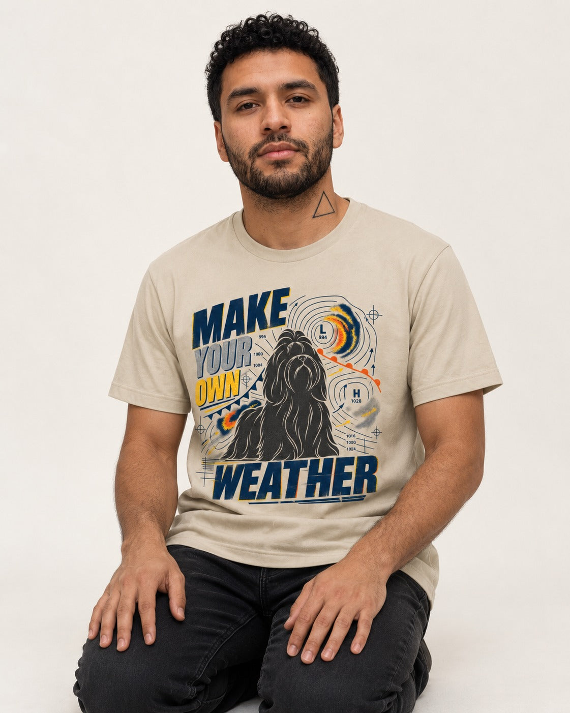 Shih Tzu Make Your Own Weather T-Shirt in Sand, worn by a seated model
