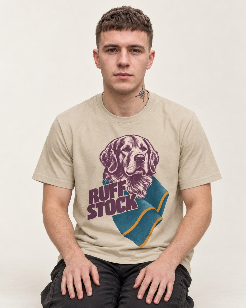 Golden Retriever Ruff Stock T-Shirt in Sand, worn by a seated model