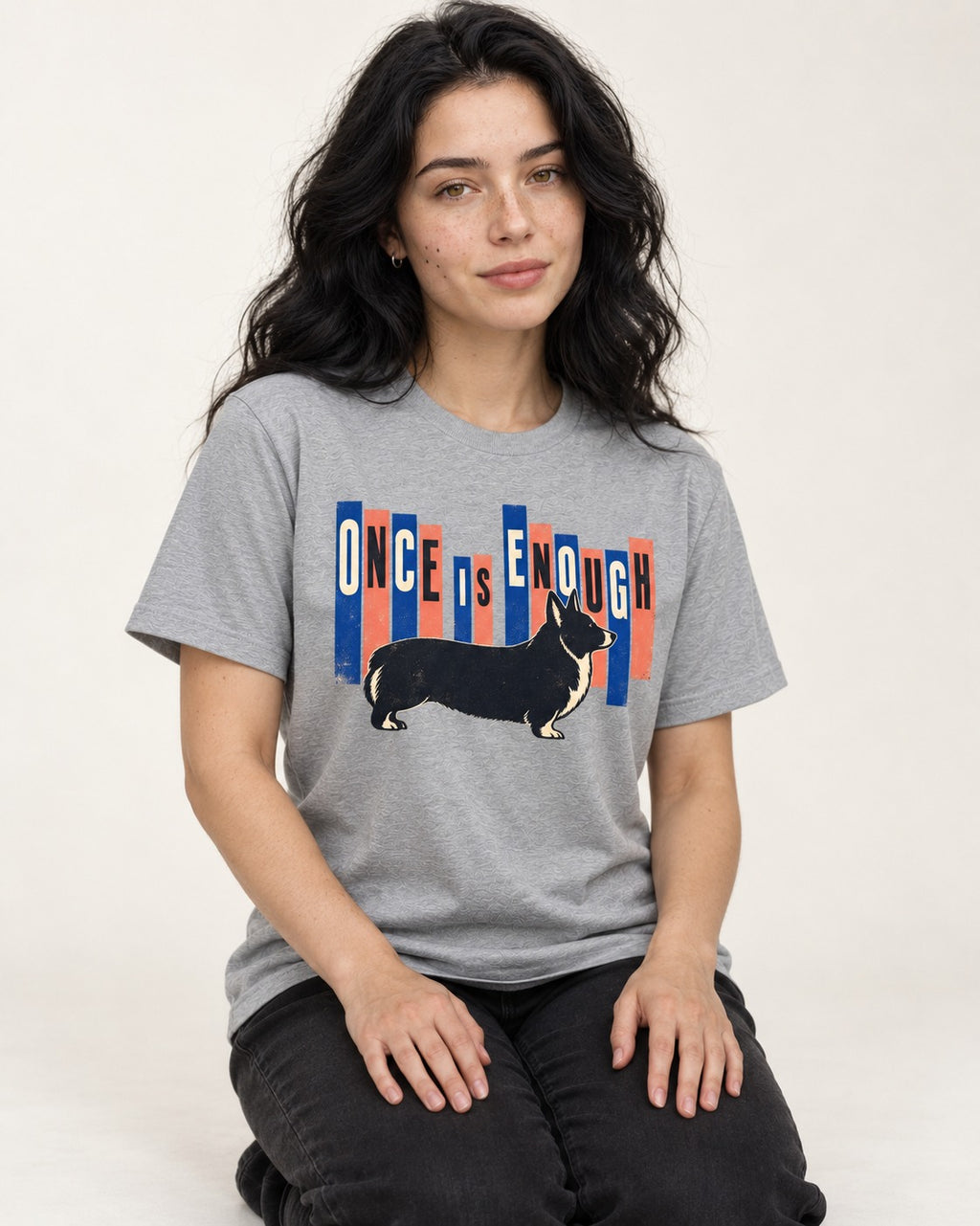 Corgi Once Is Enough T-Shirt in Sport Grey, worn by a seated model