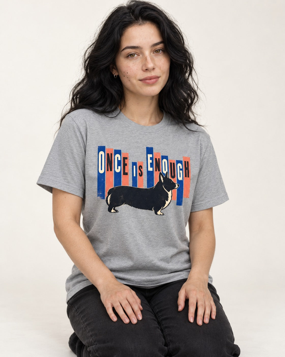 Corgi Once Is Enough T-Shirt in Sport Grey, worn by a seated model
