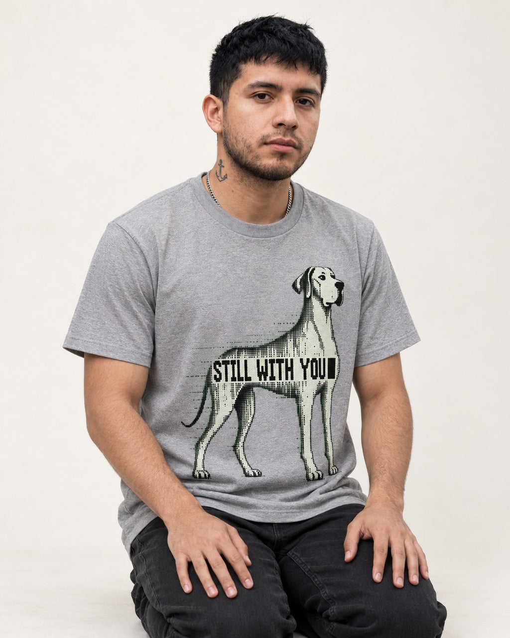Still with You Great Dane T-Shirt in Sport Grey, worn by a seated model
