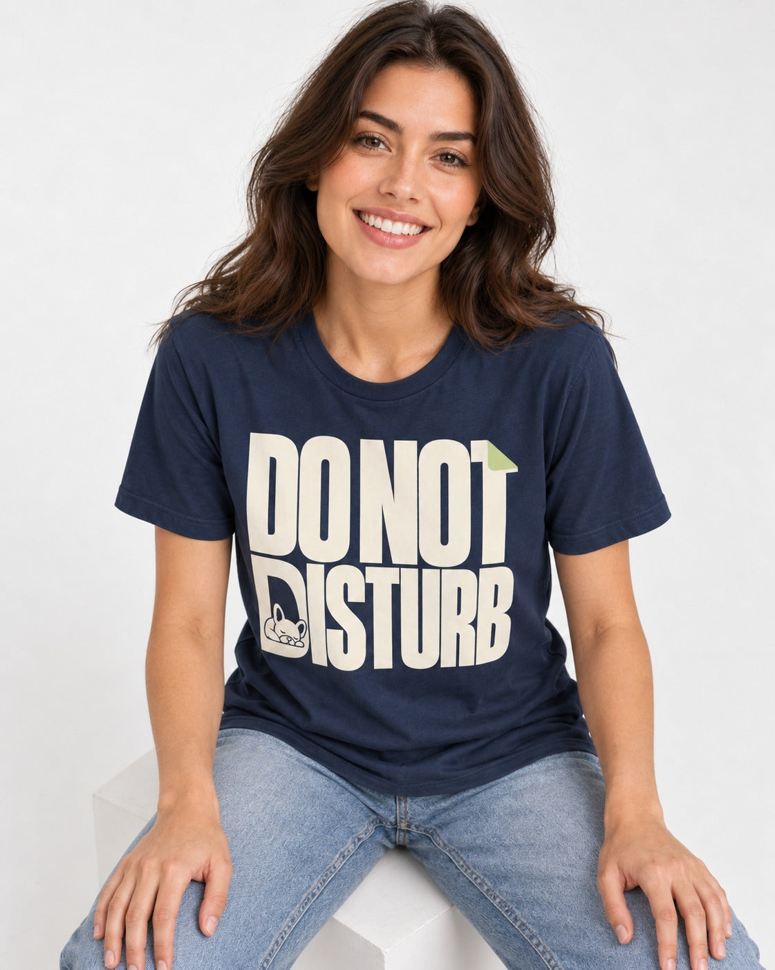 Frenchie Do Not Disturb Hidden Sleeping Graphic T-Shirt in Navy, worn by a seated model