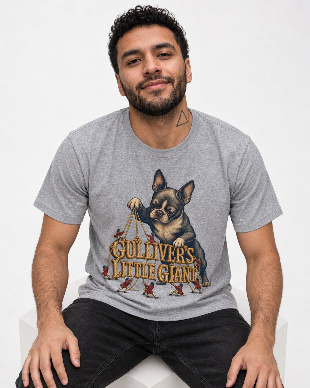 Boston Terrier Gulliver’s Little Giant T-Shirt in Sport Grey, worn by a seated model