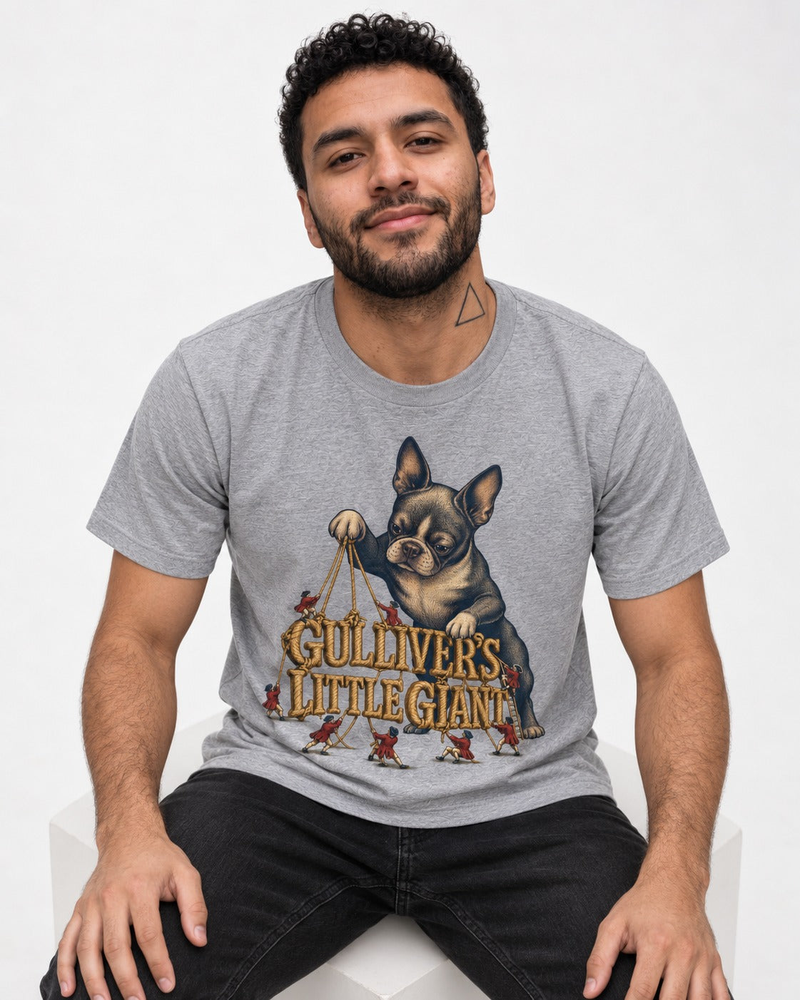 Boston Terrier Gulliver’s Little Giant T-Shirt in Sport Grey, worn by a seated model