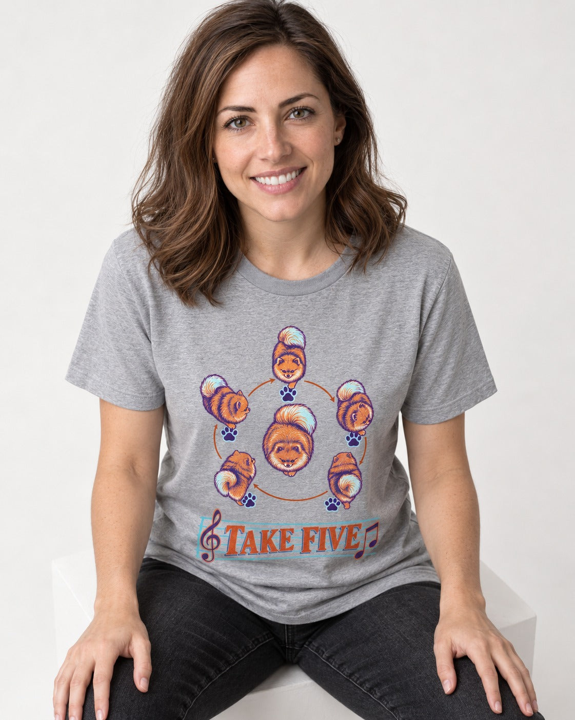 Pomeranian Take Five Choreography Cycle Graphic T-Shirt in Sport Grey, worn by a seated model