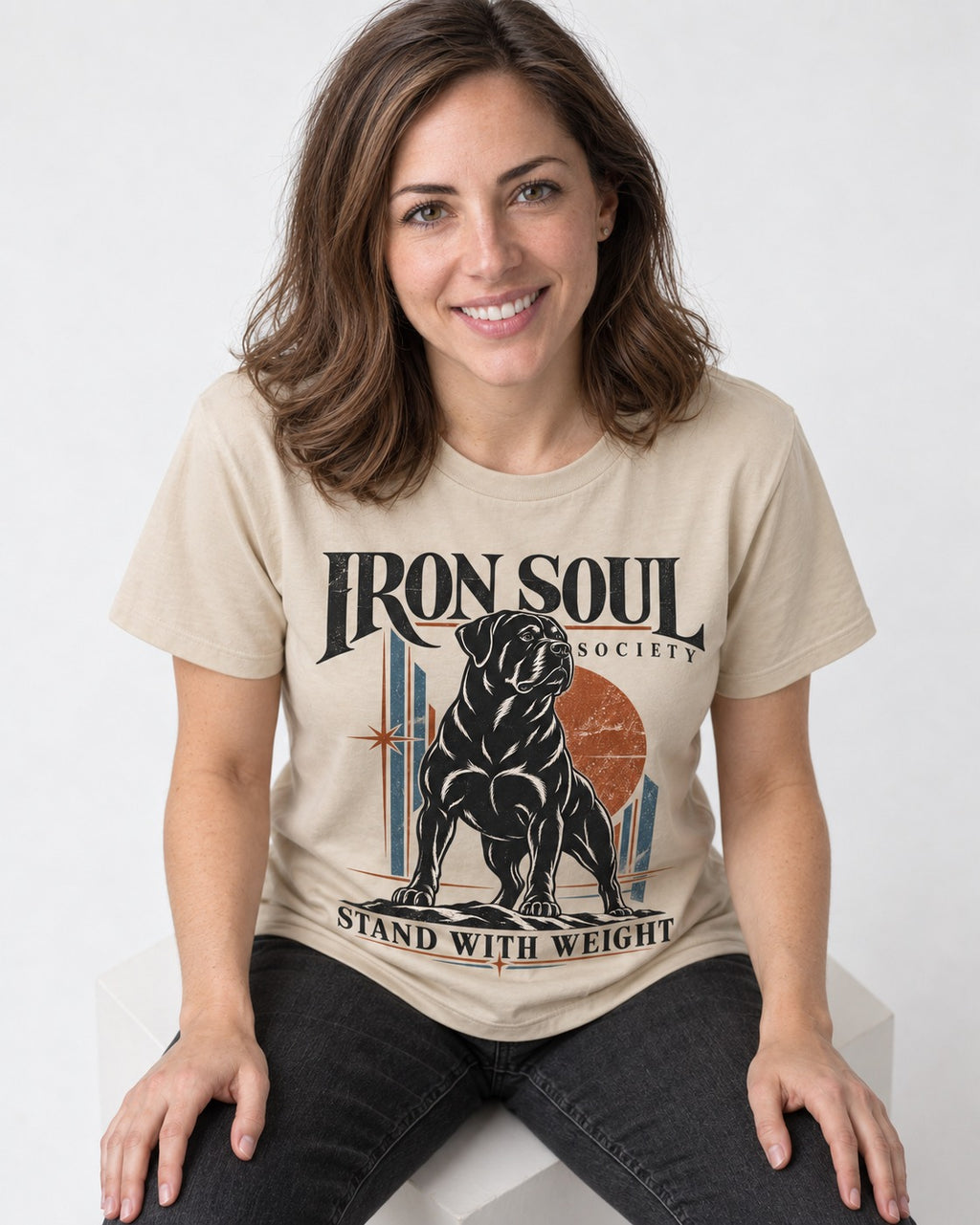 Rottweiler Iron Soul Society T-Shirt in Sand, worn by a seated model