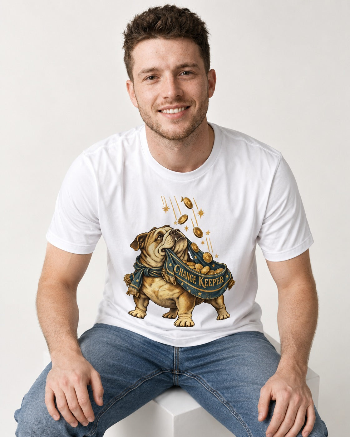 English Bulldog Change Keeper Coin Scarf Graphic T-Shirt in White, worn by a seated model