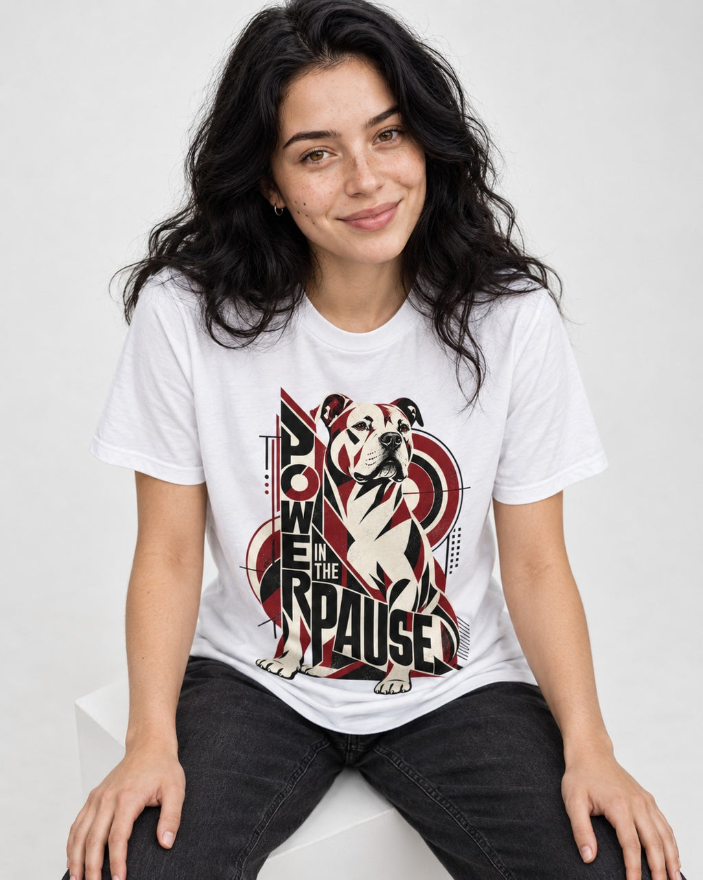 Pitbull Power in the Pause Geometric Graphic T-Shirt in White, worn by a seated model