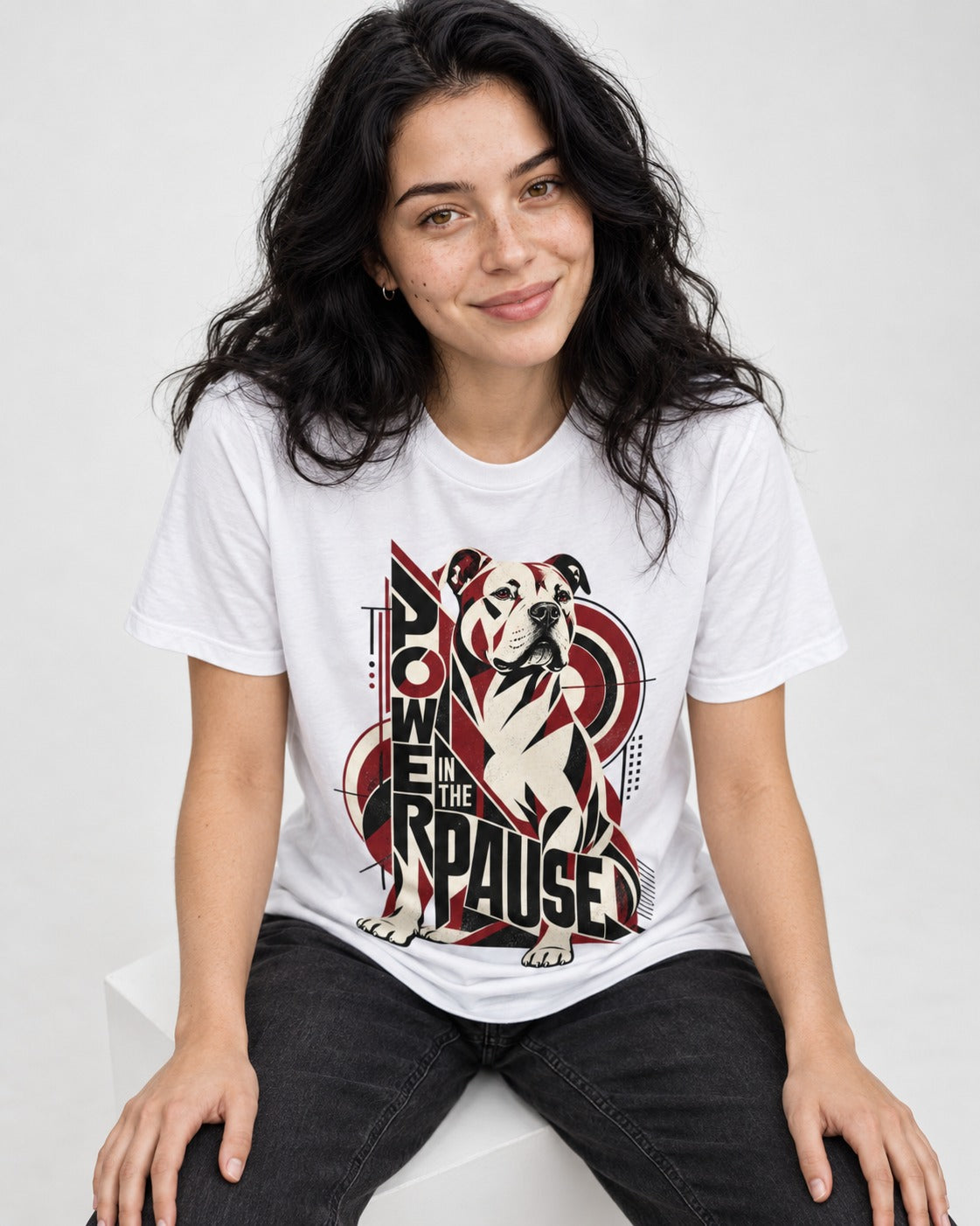 Pitbull Power in the Pause Geometric Graphic T-Shirt in White, worn by a seated model