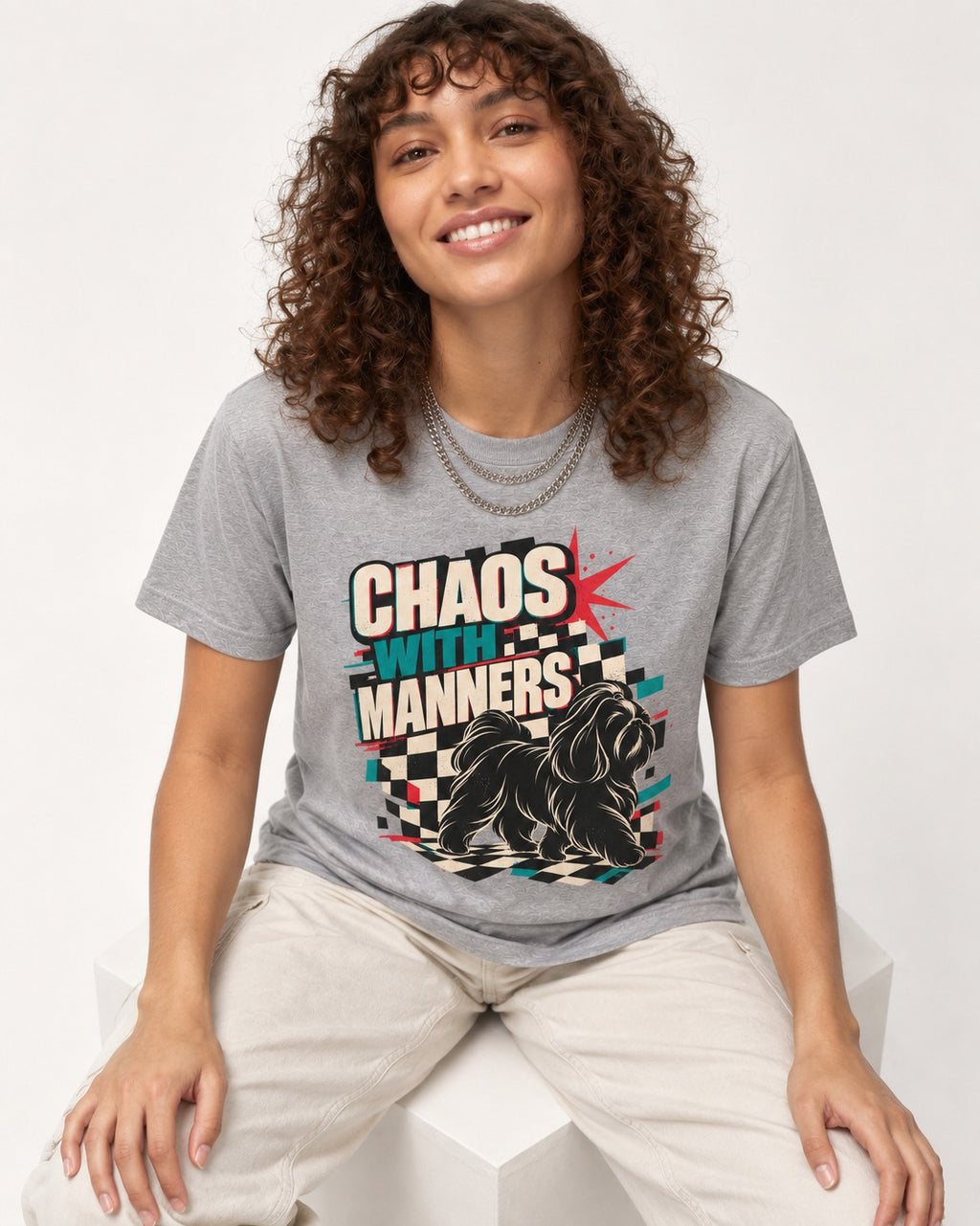 Shih Tzu Chaos with Manners Checkerboard Graphic T-Shirt in Sport Grey, worn by a seated model