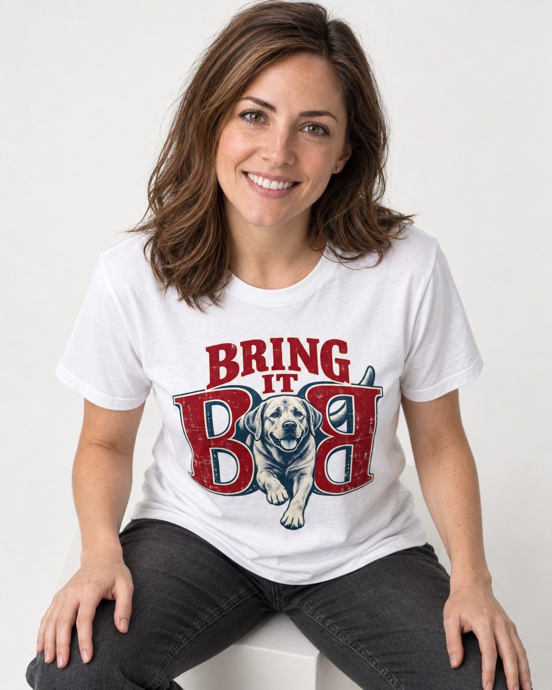 Labrador Retriever Bring It Opposing B Portrait Graphic T-Shirt in White, worn by a seated model