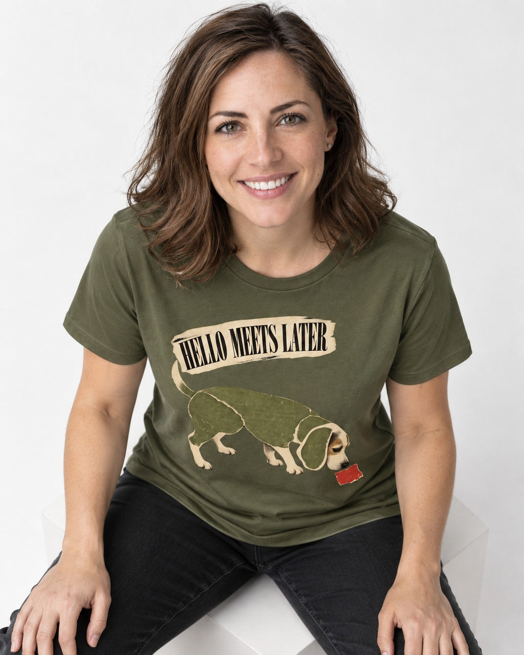 Twenty Minutes Later Beagle T-Shirt in Heather Military Green, worn by a seated model