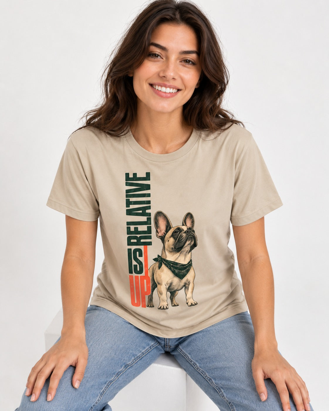 Up Is Relative Frenchie T-Shirt in Sand, worn by a seated model