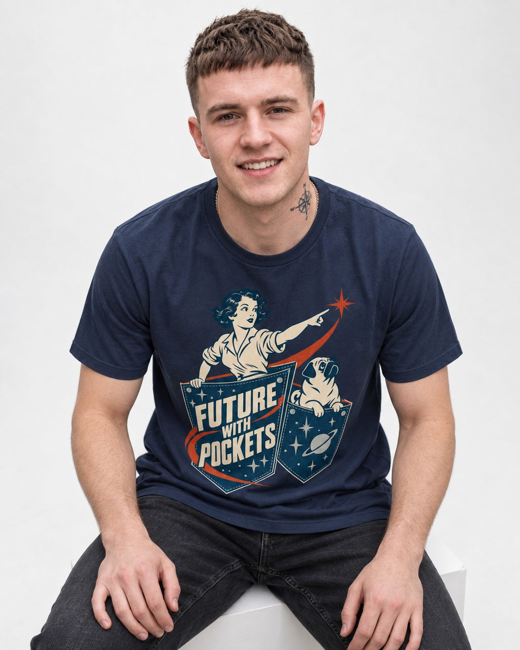 Pug Future with Pockets Space Pocket Graphic T-Shirt in Navy, worn by a seated model