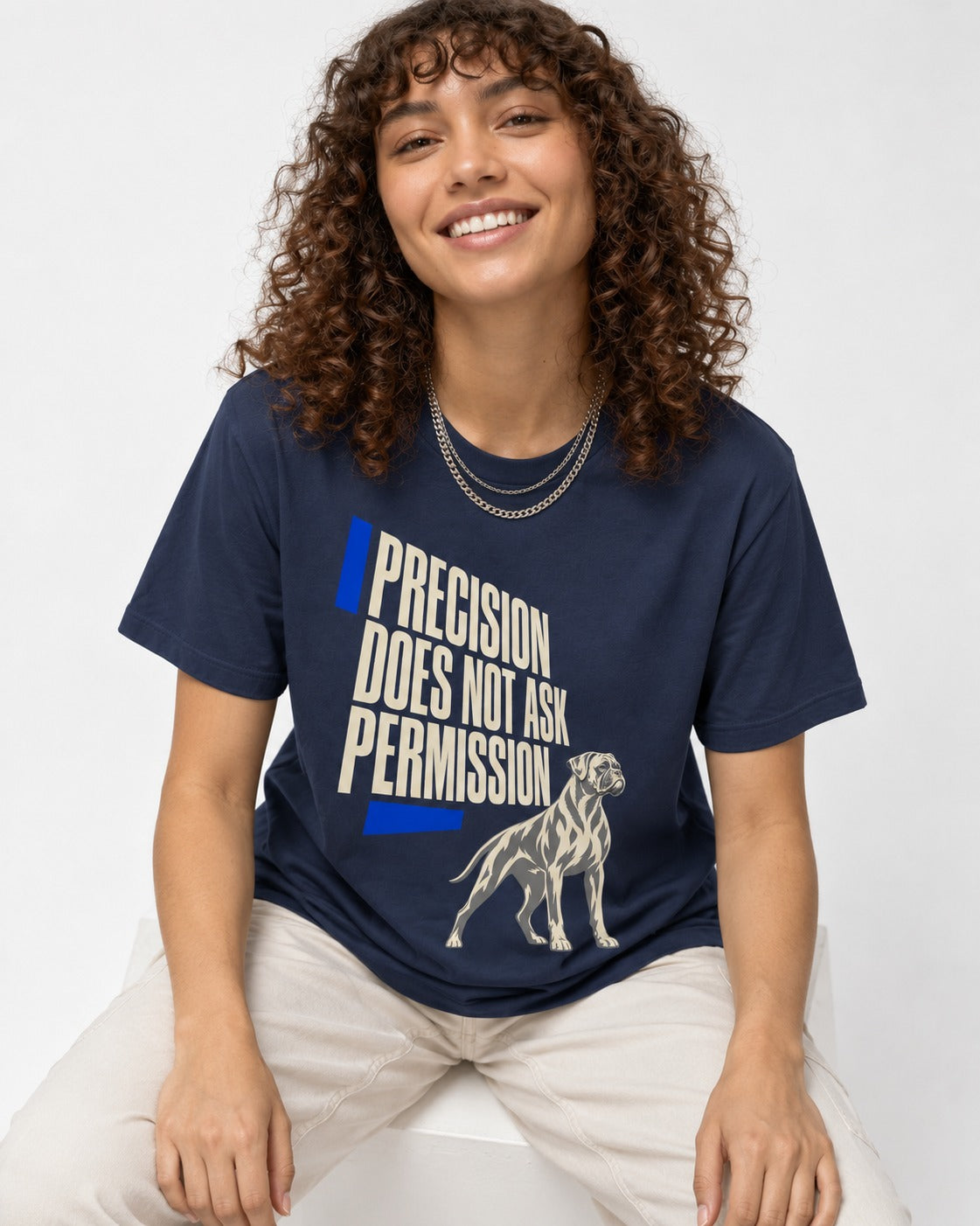 Precision Does Not Ask Permission Boxer T-Shirt in Navy, worn by a seated model
