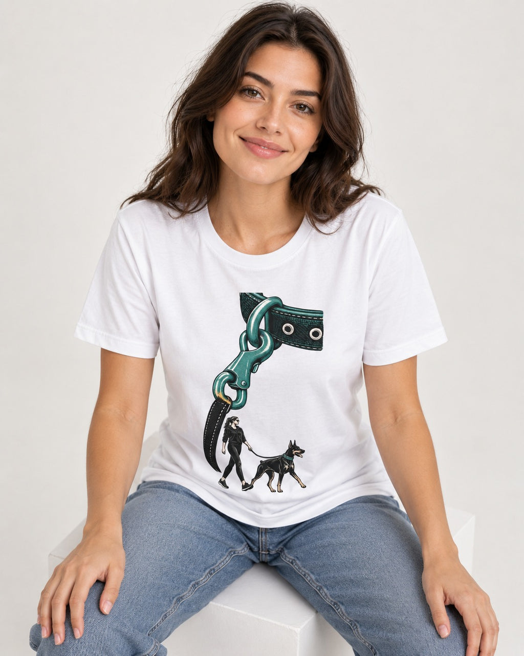 Doberman Oversized Leash Hardware Walk Graphic T-Shirt in White, worn by a seated model