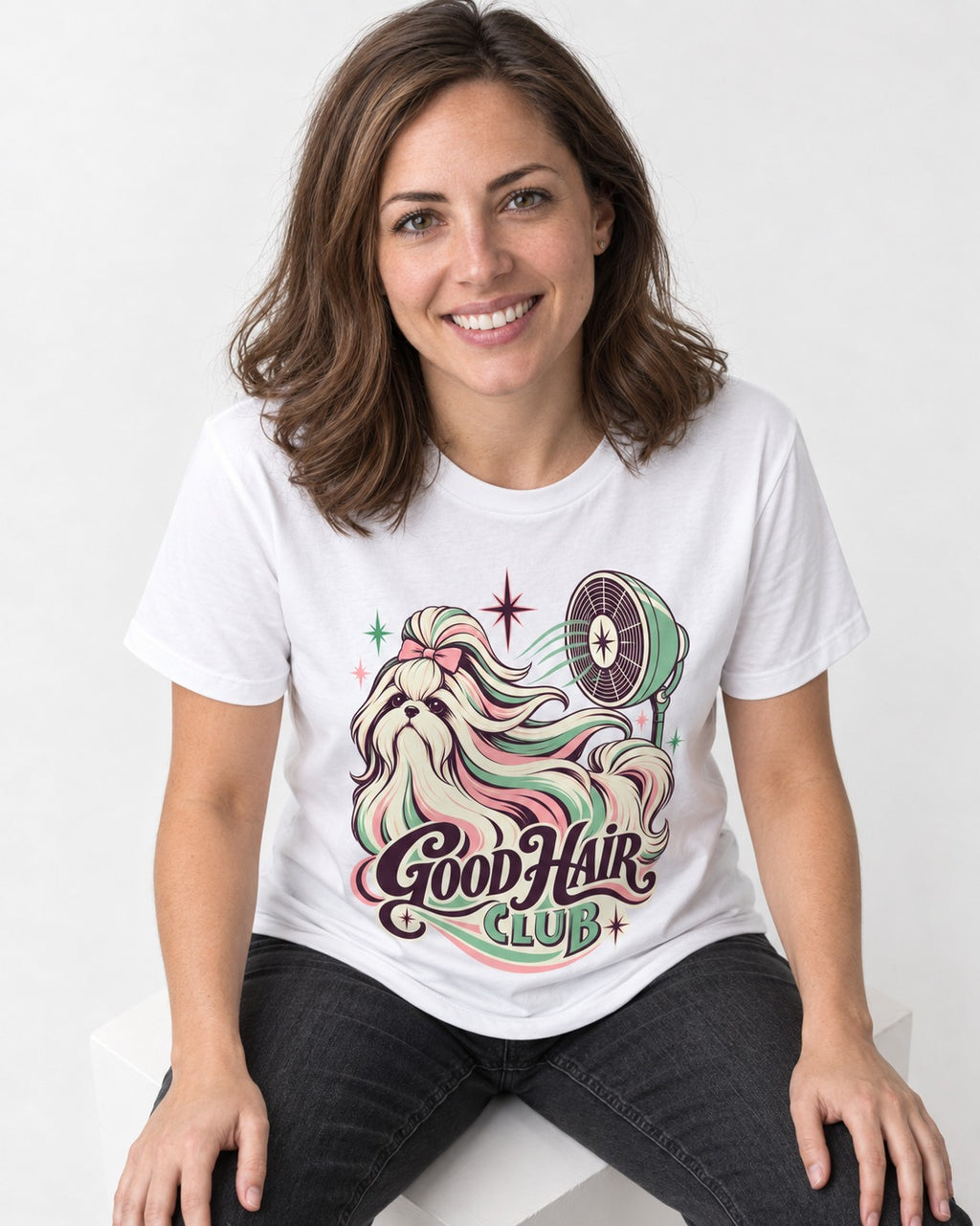 Shih Tzu Good Hair Club Salon Fan Graphic T-Shirt in White, worn by a seated model