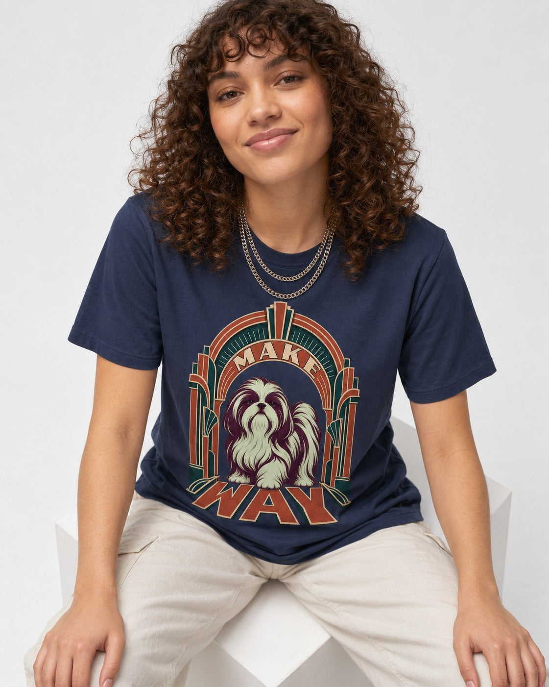 Shih Tzu Make Way Art Deco Arch Portrait T-Shirt in Navy, worn by a seated model