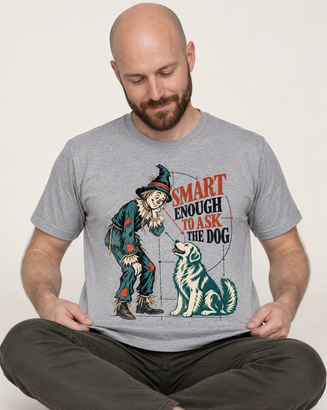 Ask the Golden Retriever T-Shirt in Sport Grey, worn by a seated model