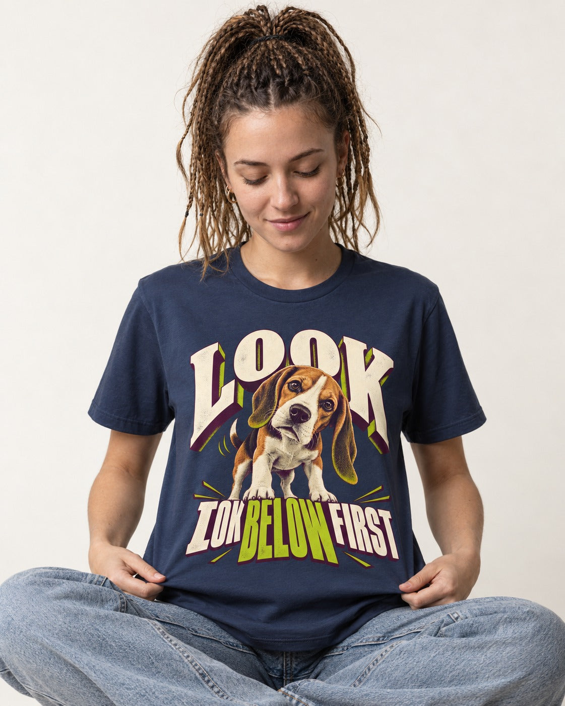 Beagle Look Low Below First T-Shirt in Navy, worn by a seated model