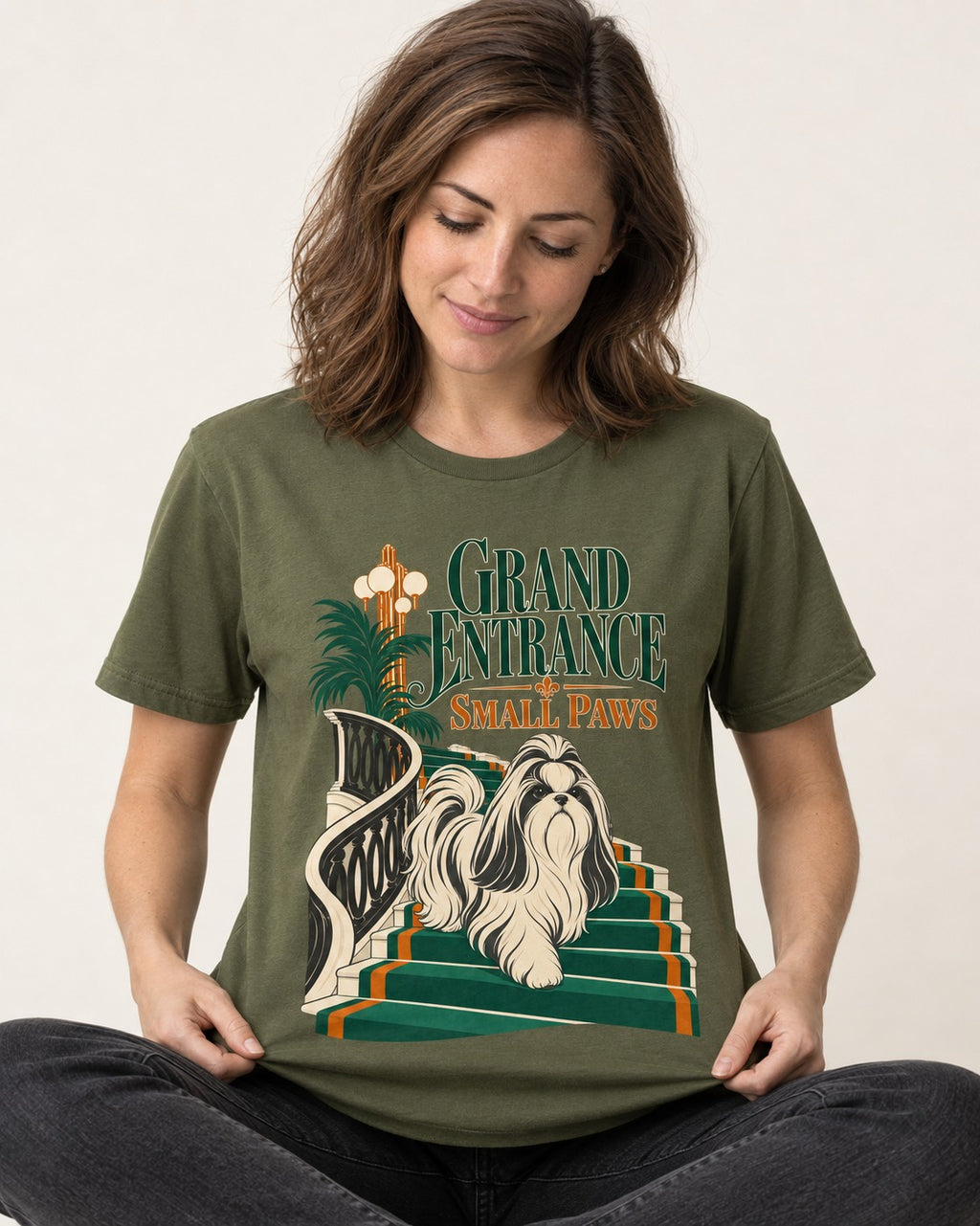Shih Tzu Grand Entrance Small Paws Staircase Graphic T-Shirt in Heather Military Green, worn by a seated model
