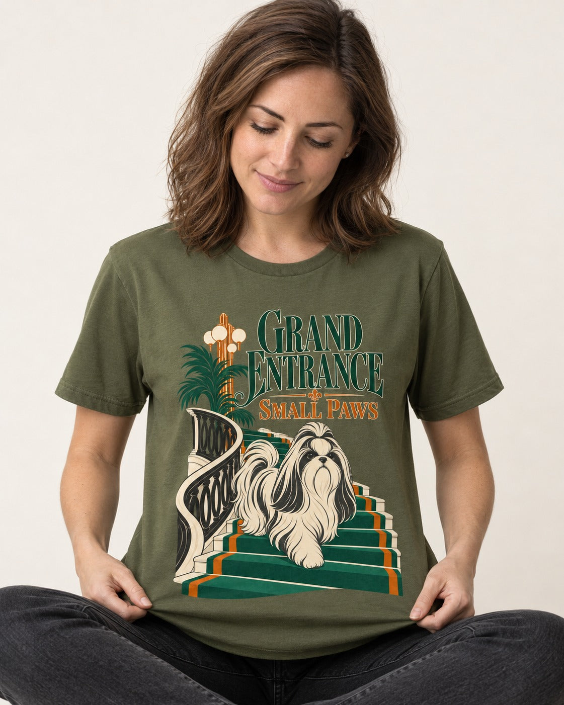 Shih Tzu Grand Entrance Small Paws Staircase Graphic T-Shirt in Heather Military Green, worn by a seated model