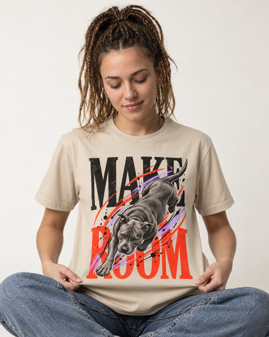 Make Room for Pitbull T-Shirt in Sand, worn by a seated model
