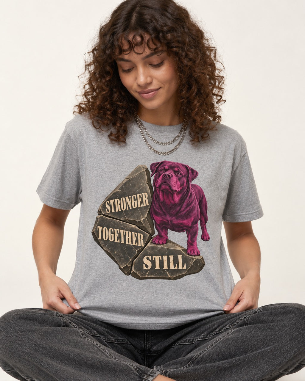 Rottweiler Stronger Together Still Foundation Stone Graphic T-Shirt in Sport Grey, worn by a seated model