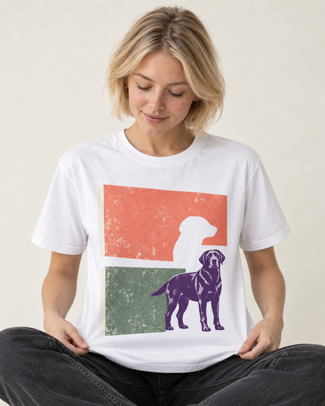 Labrador Retriever Field Test Brutalist Panels Graphic T-Shirt in White, worn by a seated model