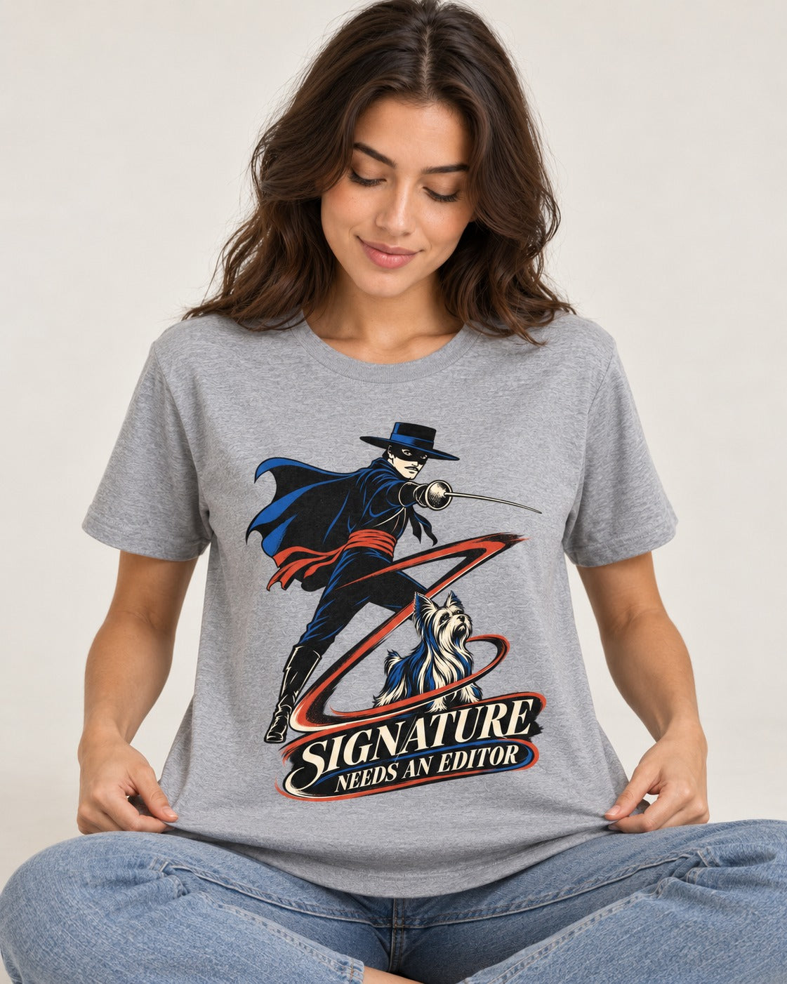 Yorkshire Terrier Signature Needs an Editor T-Shirt in Sport Grey, worn by a seated model