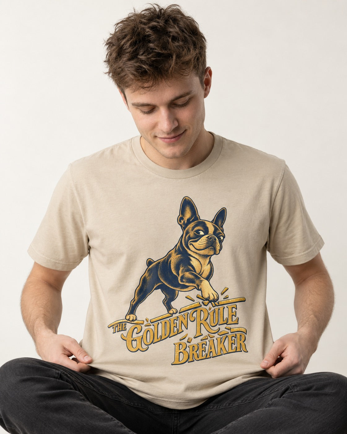 Boston Terrier Golden Rule Breaker T-Shirt in Sand, worn by a seated model