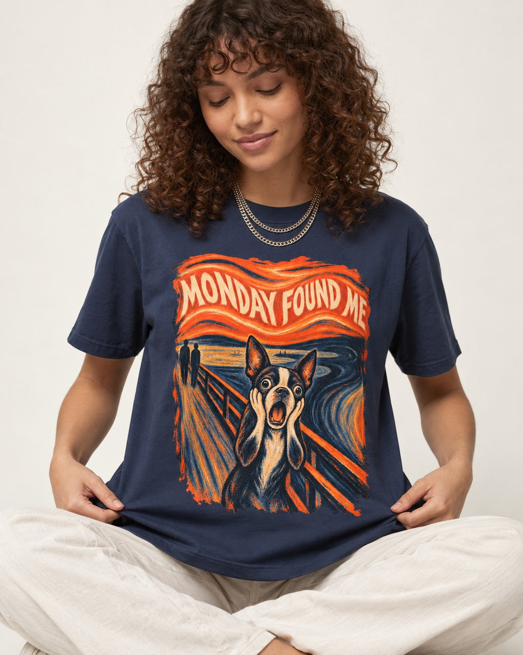 Monday Found Me Boston Terrier Scream Graphic T-Shirt in Navy, worn by a seated model