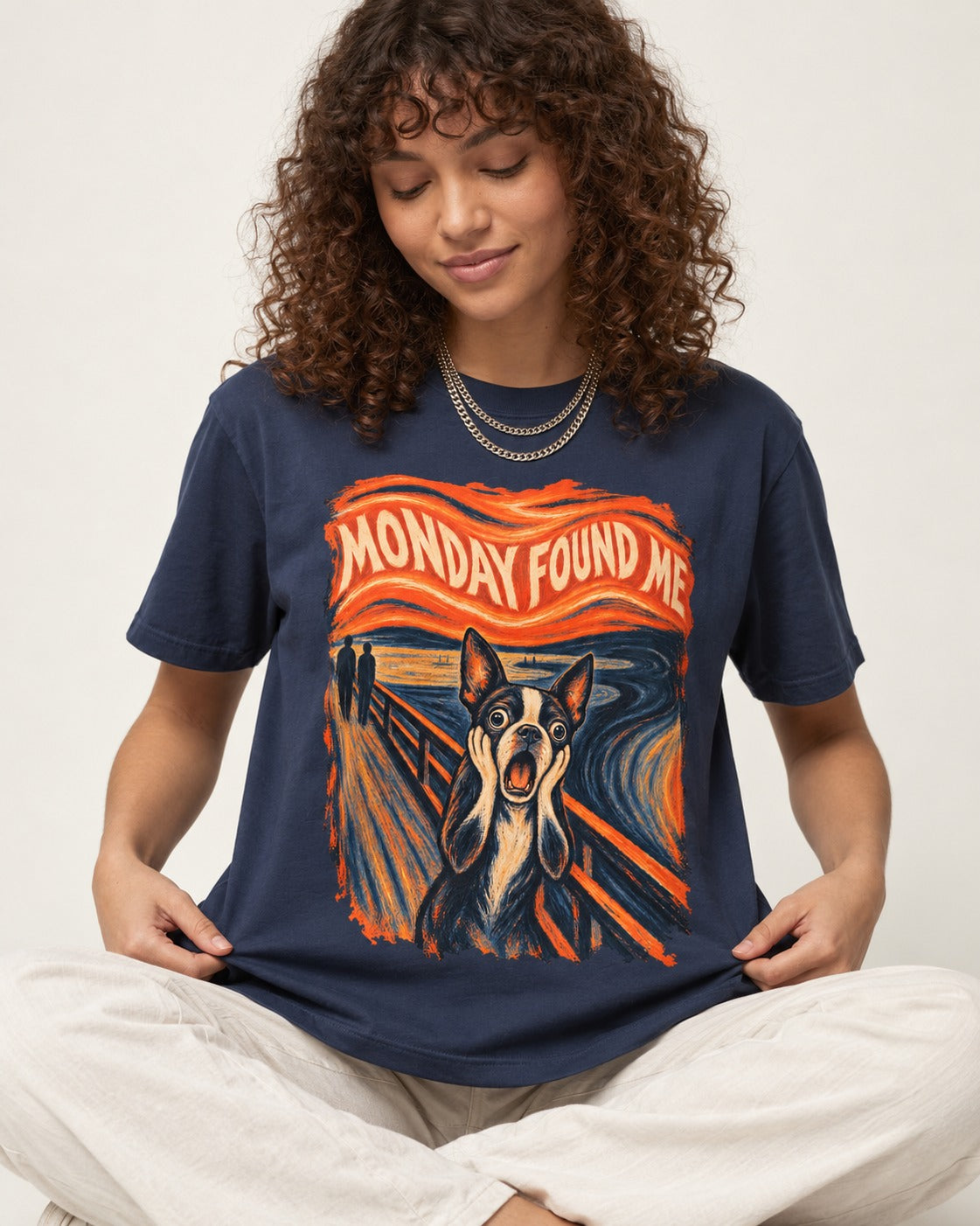 Monday Found Me Boston Terrier Scream Graphic T-Shirt in Navy, worn by a seated model