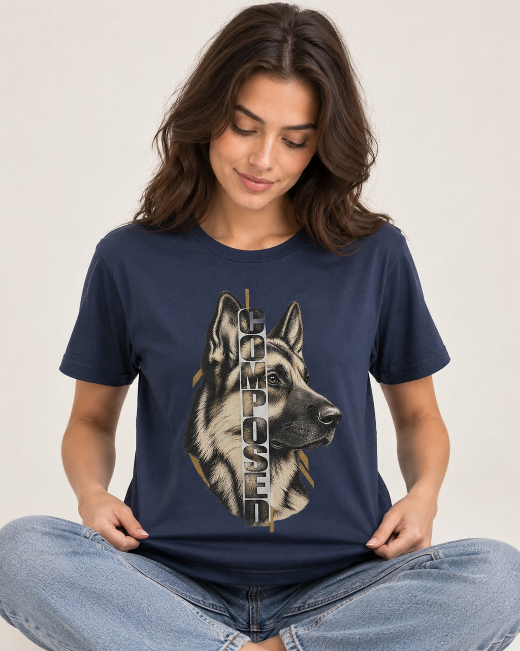Composed Profile German Shepherd Dog Graphic T-Shirt in Navy, worn by a seated model